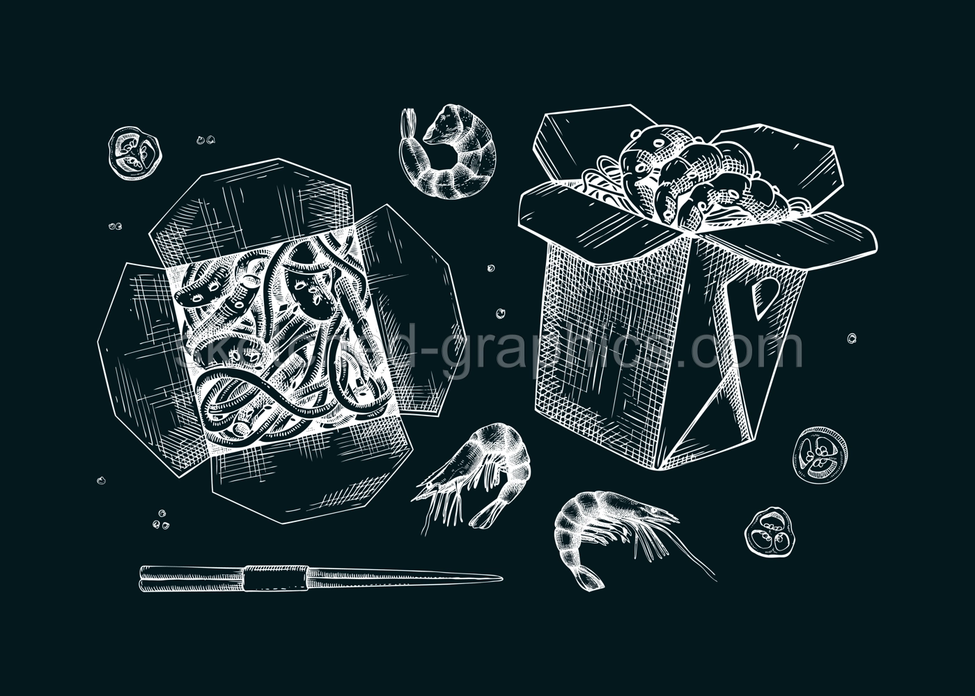 Noodles with shrimps in paper box on chalkboard. Asian cuisine meal sketches. Vintage fast food drawing. Food delivery design element. Take away box packages set Illustration